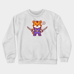 Cute Tiger Warrior Holding Sword Cartoon Crewneck Sweatshirt